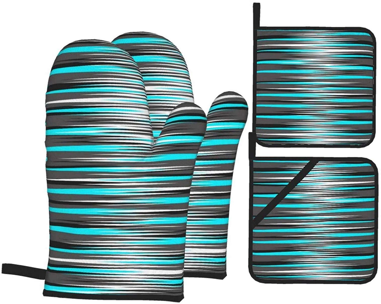 4-Piece Teal Grey White & Black Striped Oven Mitts and Pot Holders Set - Heat Resistant Kitchen Gloves with Non-Slip Hot Pads for BBQ, Baking, Cooking - Perfect for Grilling, Roasting, and Handling Hot Dishes