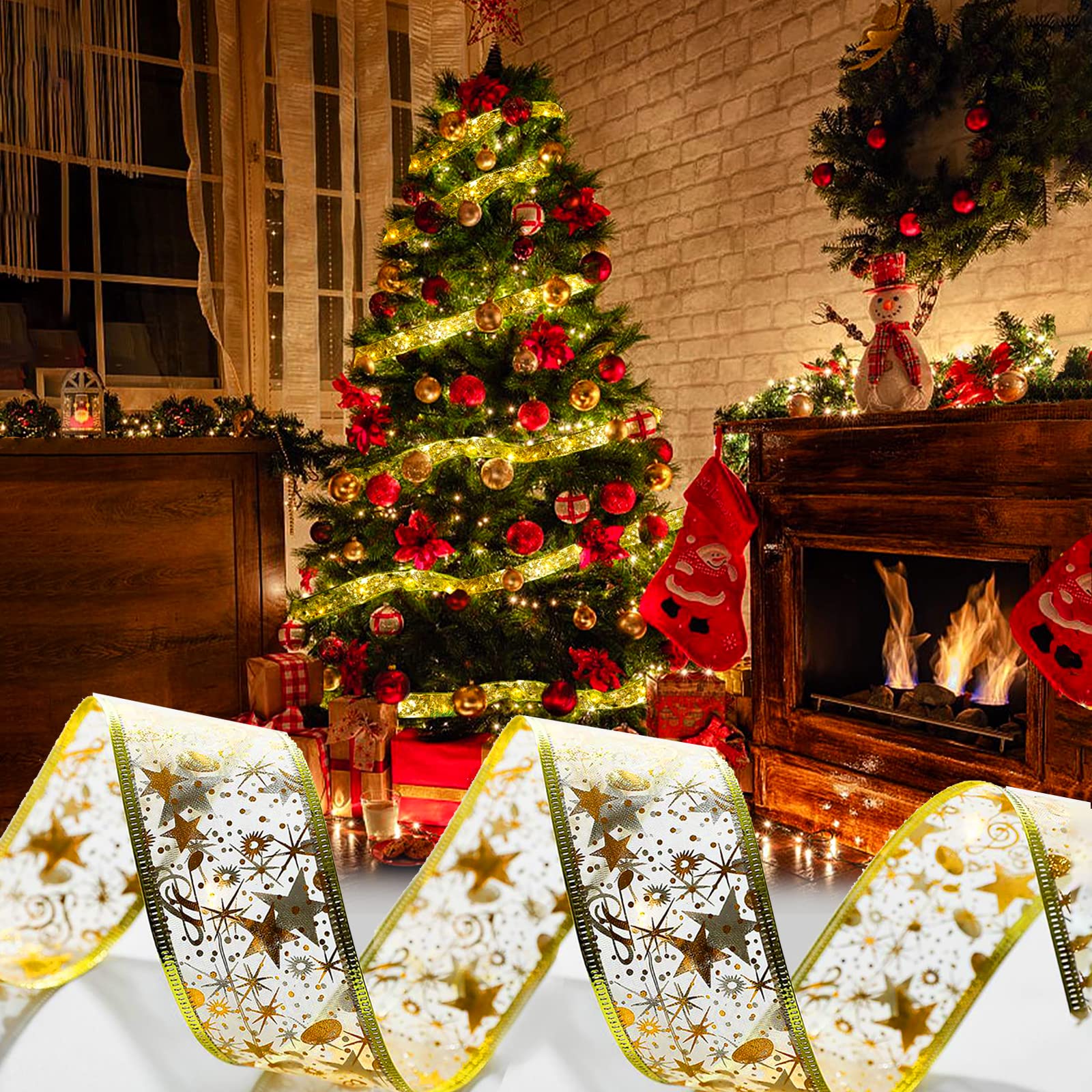 Lefutizn 16ft Gold Christmas Tree Ribbon Lights - 50 LED Battery Powered Fairy String Lights with Copper Wire & Bows for Holiday Decor, Wedding, Home, Xmas Tree (5m Double Layer) - Perfect for Indoor/Outdoor Christmas Decorations, Party Lighting, and Festive Ambiance