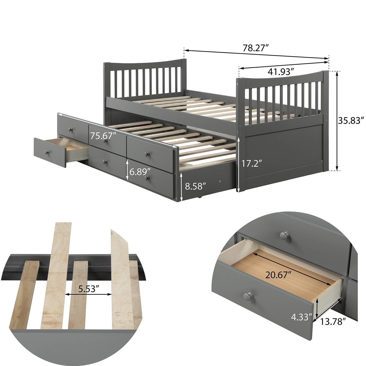 Rhomtree Twin Daybed with Trundle - Grey Storage Platform Bed Frame with Headboard, Footboard & 3 Drawers - Perfect for Kids Room, Guest Bedroom or Small Space