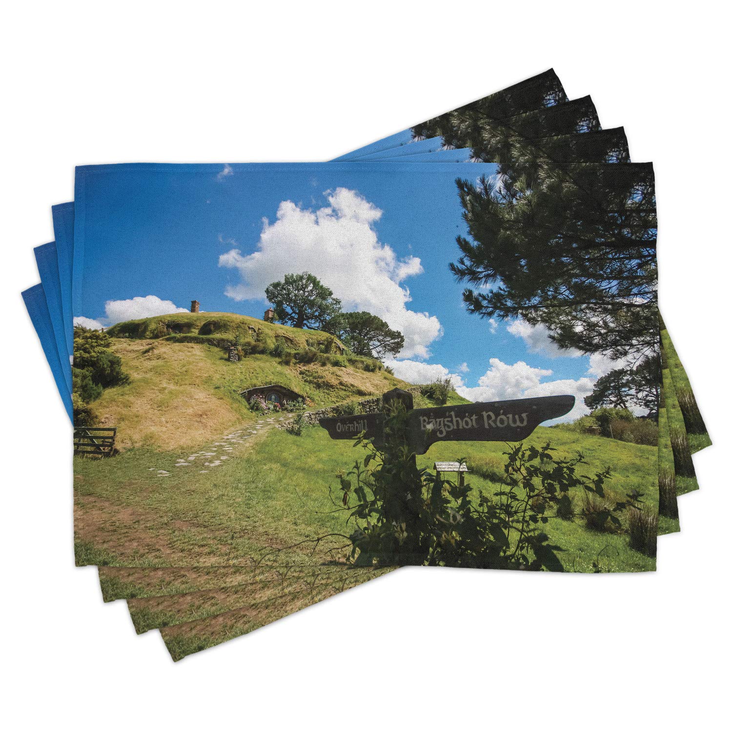 Ambesonne Hobbit Place Mats Set of 4 - Overhill Hobbit Village in Matamata New Zealand Fantasy Scene Print, Washable Fabric Dining Table Mats for Kitchen & Home Decor in Green & Blue - Perfect for Themed Parties, Lord of the Rings Fans, and Fantasy Dinner Settings