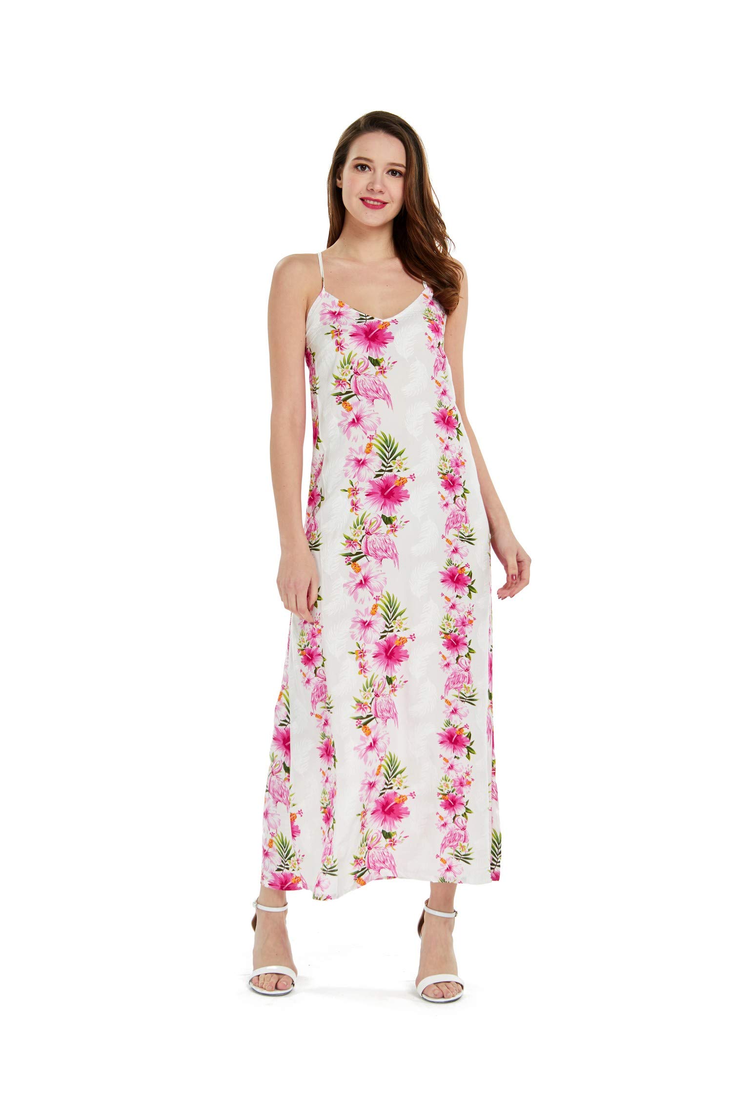 Women's Hawaiian Luau Pink Hibiscus Vine Maxi Sweetheart Dress - Tropical Beach Party, Summer Vacation & Boho Festival Outfit