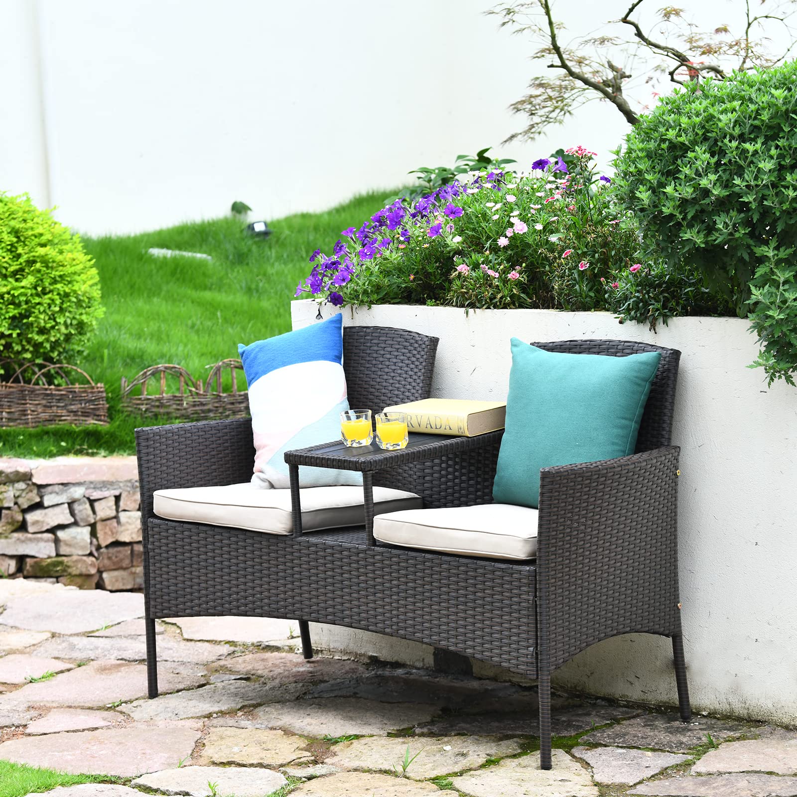 Tangkula Outdoor Rattan Loveseat Patio Set - Modern Wicker Sofa with Cushions & Built-in Coffee Table - Waterproof Garden Furniture for Backyard, Lawn, Poolside & Balcony - Perfect for Relaxing, Entertaining & Outdoor Conversations
