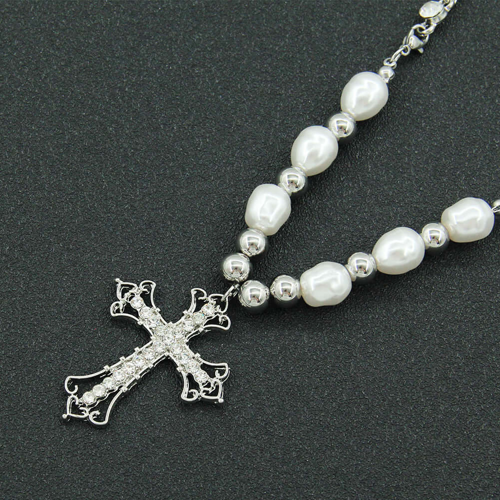 Chunky Silver Cross Necklace with Pearl Accents - Punk Style Jewelry for Women | HN2479 | Perfect for Gothic Fashion, Layering & Everyday Wear