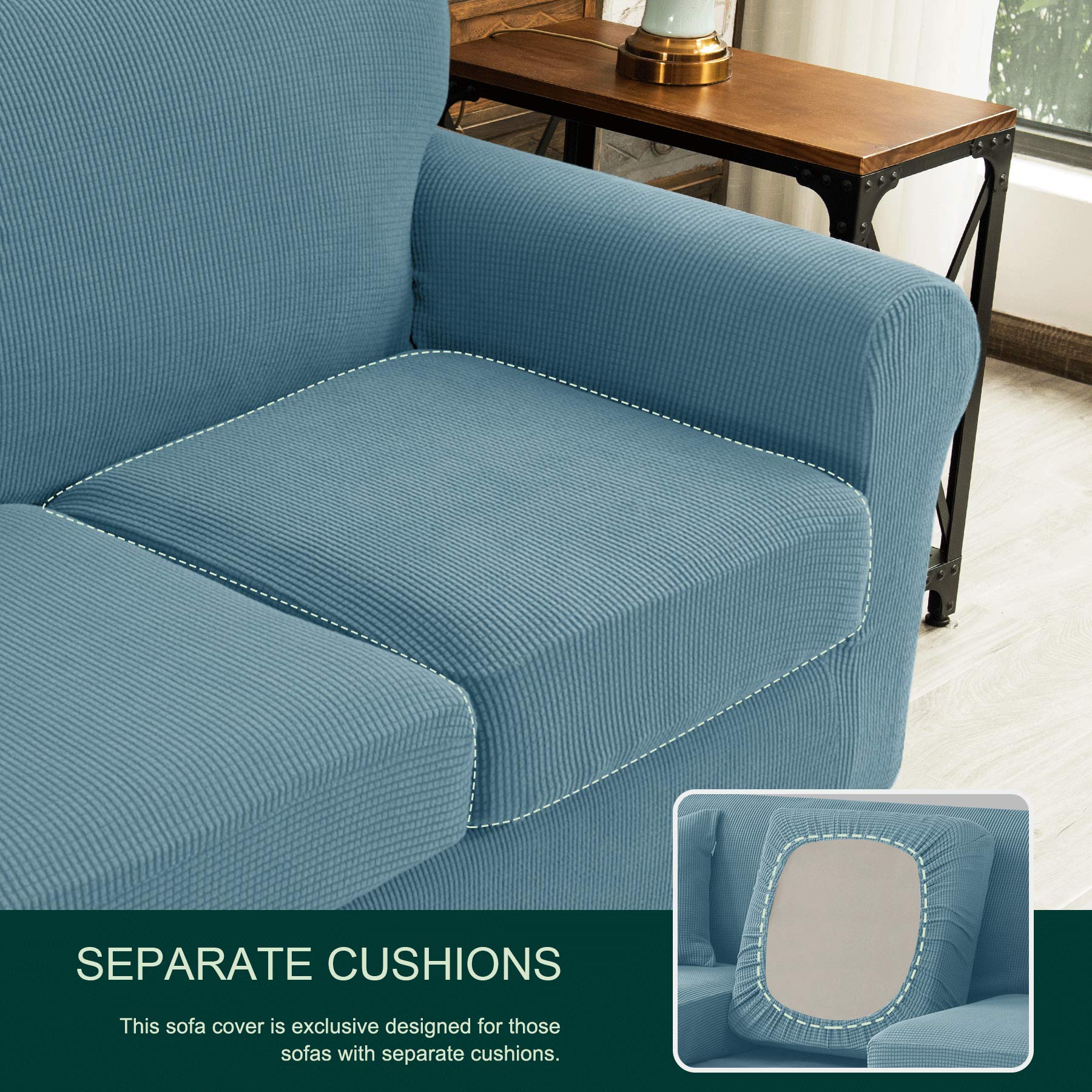 CHUN YI Stretch Sofa Slipcover Set - 1-3 Seater Couch & Armchair Cover with Separate Cushion Covers - Soft Spandex Fabric (Smoky Blue) - Perfect for Living Room, Family Room & Home Decor