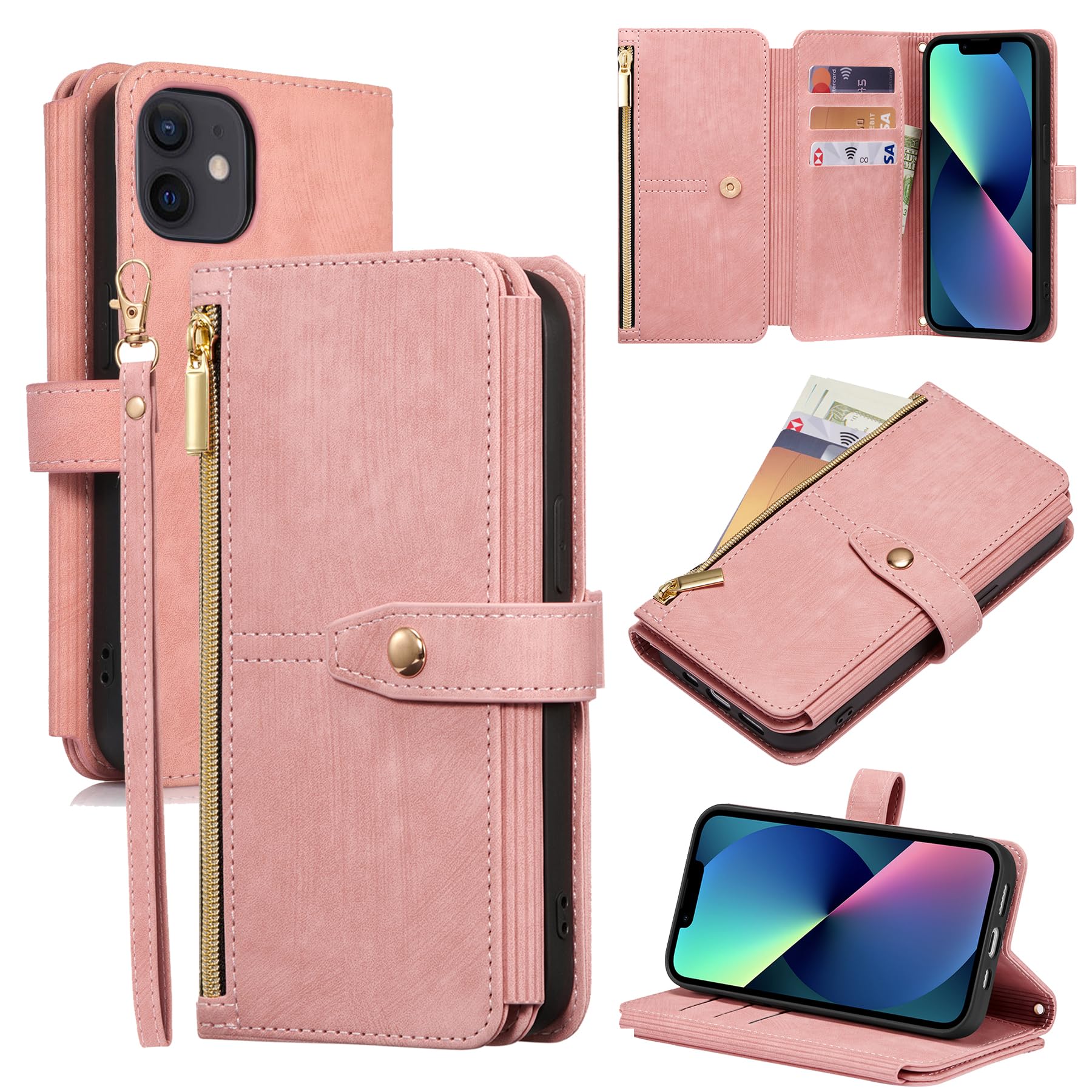 ZCDAYE Premium Leather Zipper Wallet Phone Case for iPhone 11 (6.1 inch) with Wrist Strap - Pink | Slim Flip Cover with Card Slots & Cash Pocket | Perfect for Everyday Use, Travel & Shopping