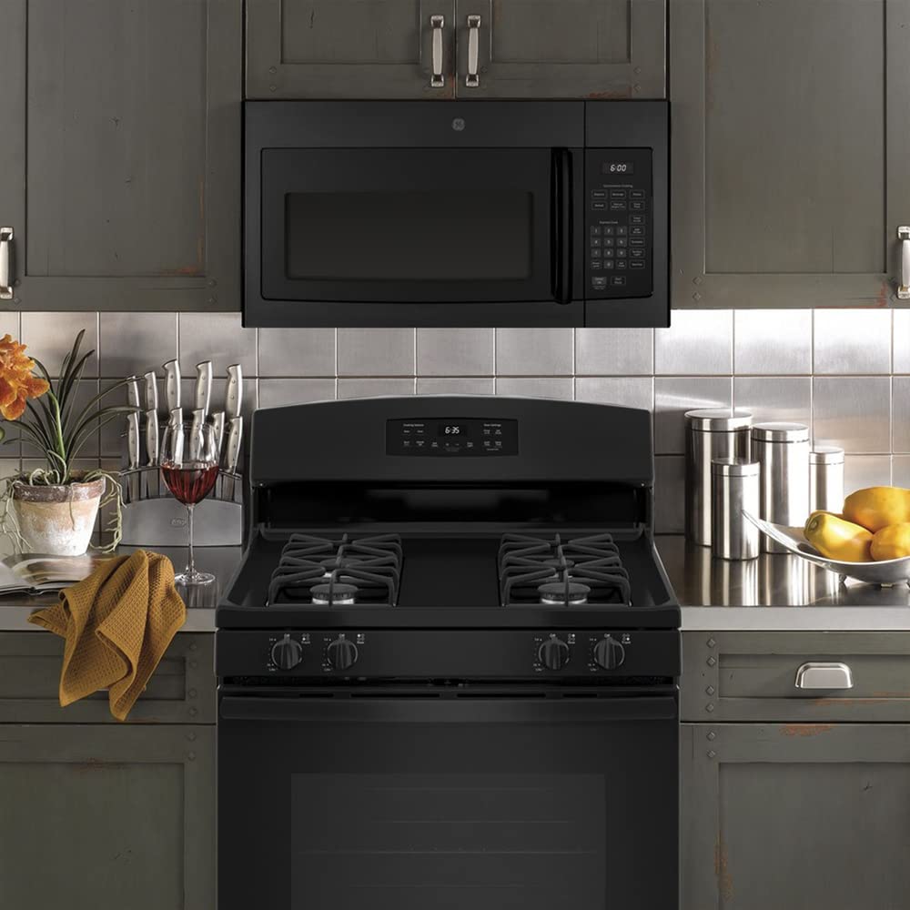 GE JVM3160DFBB 1.6 Cu. Ft. Over-the-Range Microwave Oven in Black - Includes Heat Resistant Oven Mitts & 3-Year Protection Plan - Perfect for Kitchen Remodeling & Small Space Cooking