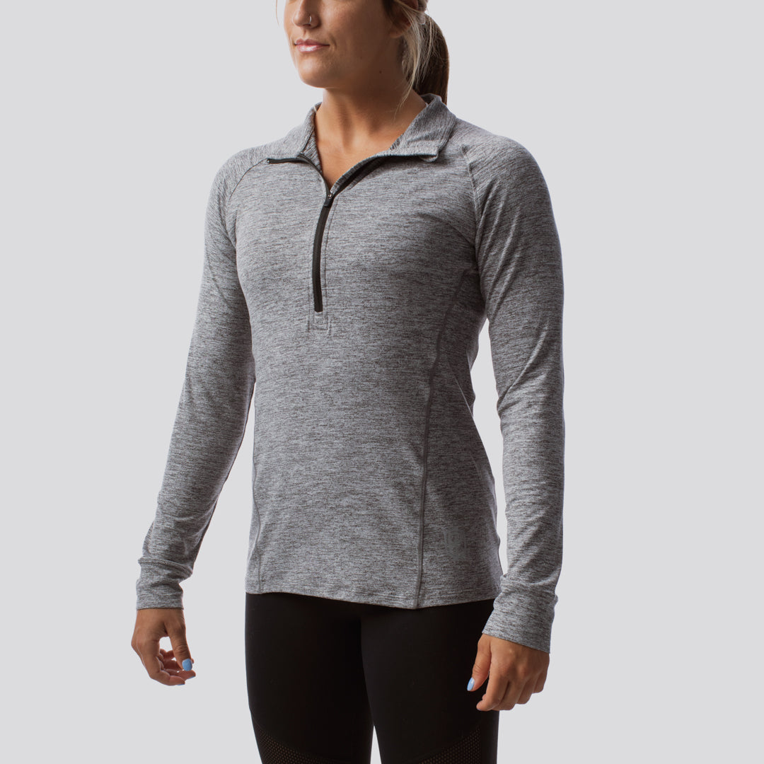 Women's Zip Neck Athleisure Long Sleeve Top - Heather Grey - Comfortable Workout & Lounge Wear for Yoga, Running & Casual Outfits