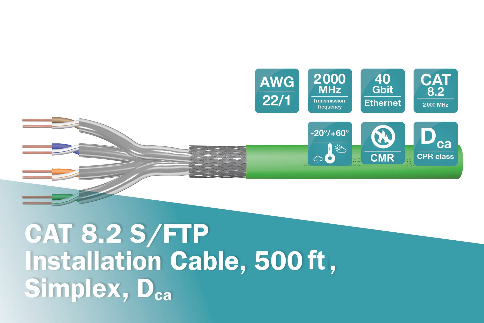 Sunnytech Cat8.2 AWG22 S-FTP 2000MHz 40Gbps Ethernet Cable - 500ft Solid Copper CMR Rated for High-Speed Networking - Includes 10 RJ45 Plugs & 10 Boot Caps - Perfect for Data Centers, Gaming & 8K Streaming (Grey White Drum Pack)