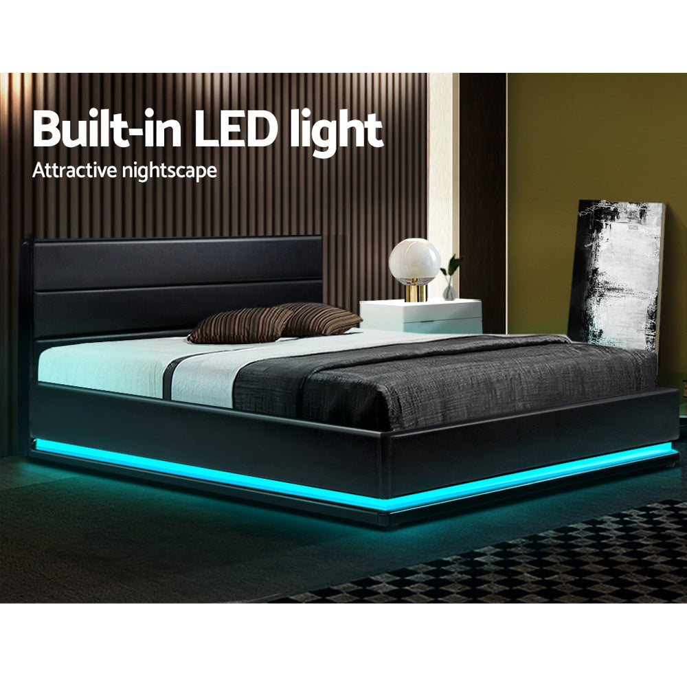 Henley Double Gas Lift Storage Bed Frame with LED Lights - Queen Size, Black - Modern Platform Bed with Underbed Storage for Small Spaces, Bedroom Furniture Upgrade
