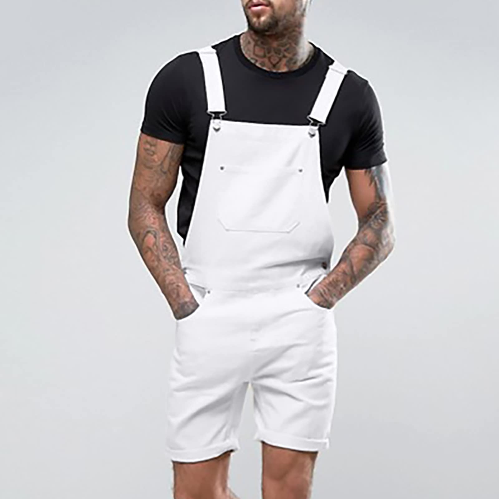 Men's Ripped Denim Bib Overalls Shorts - Knee-Length Suspender Pants with Multi-Pockets | Casual Workwear Jumpsuit for Outdoor Activities, Music Festivals & DIY Projects