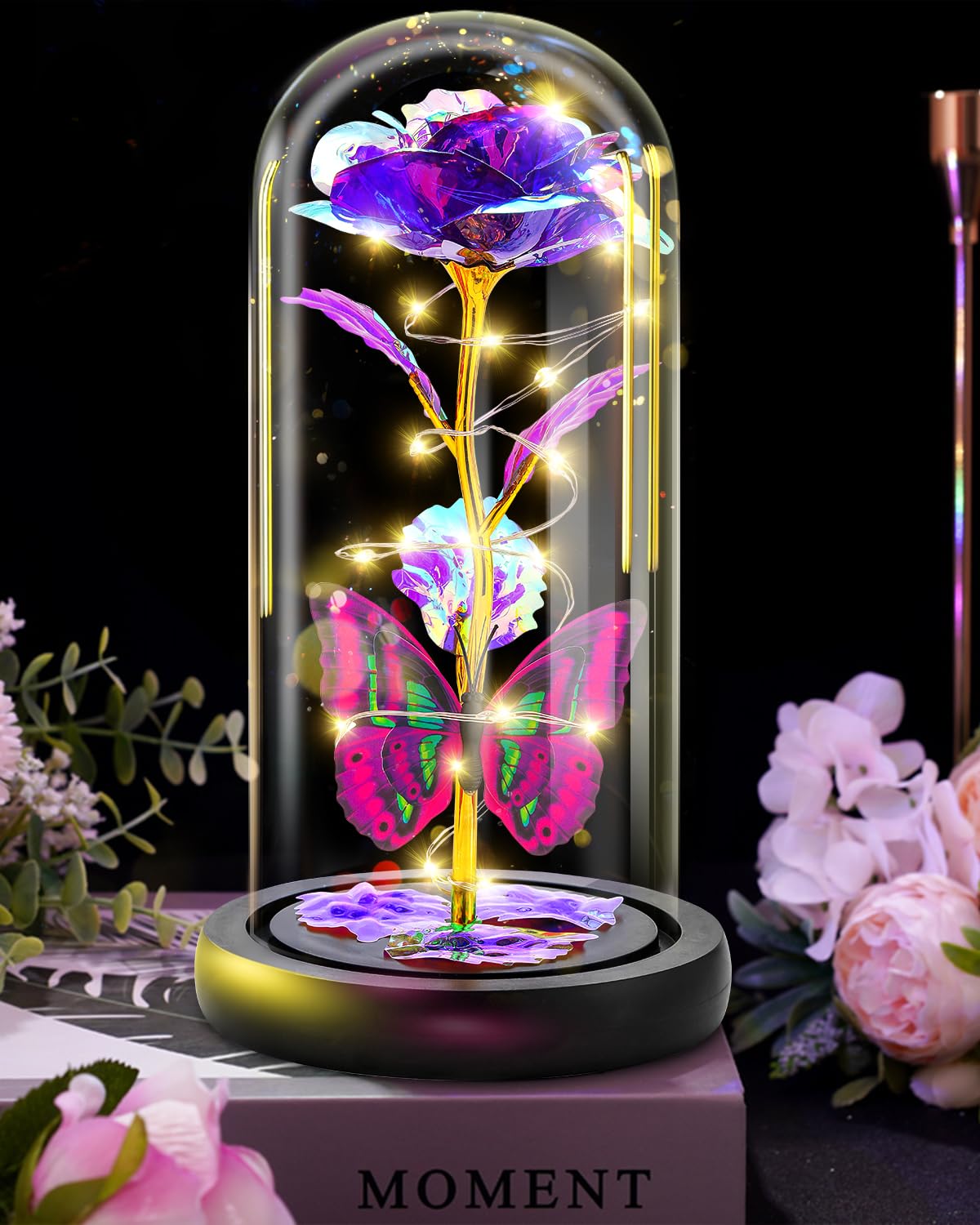 Otlonpe Romantic Forever Rose Flower Gift for Her - Artificial Galaxy Glass Rose with LED Light, Valentine's Day Birthday Gift for Girlfriend, Wife, Mom, Sister & Friend (Purple) - Perfect for Anniversaries, Weddings & Home Decor