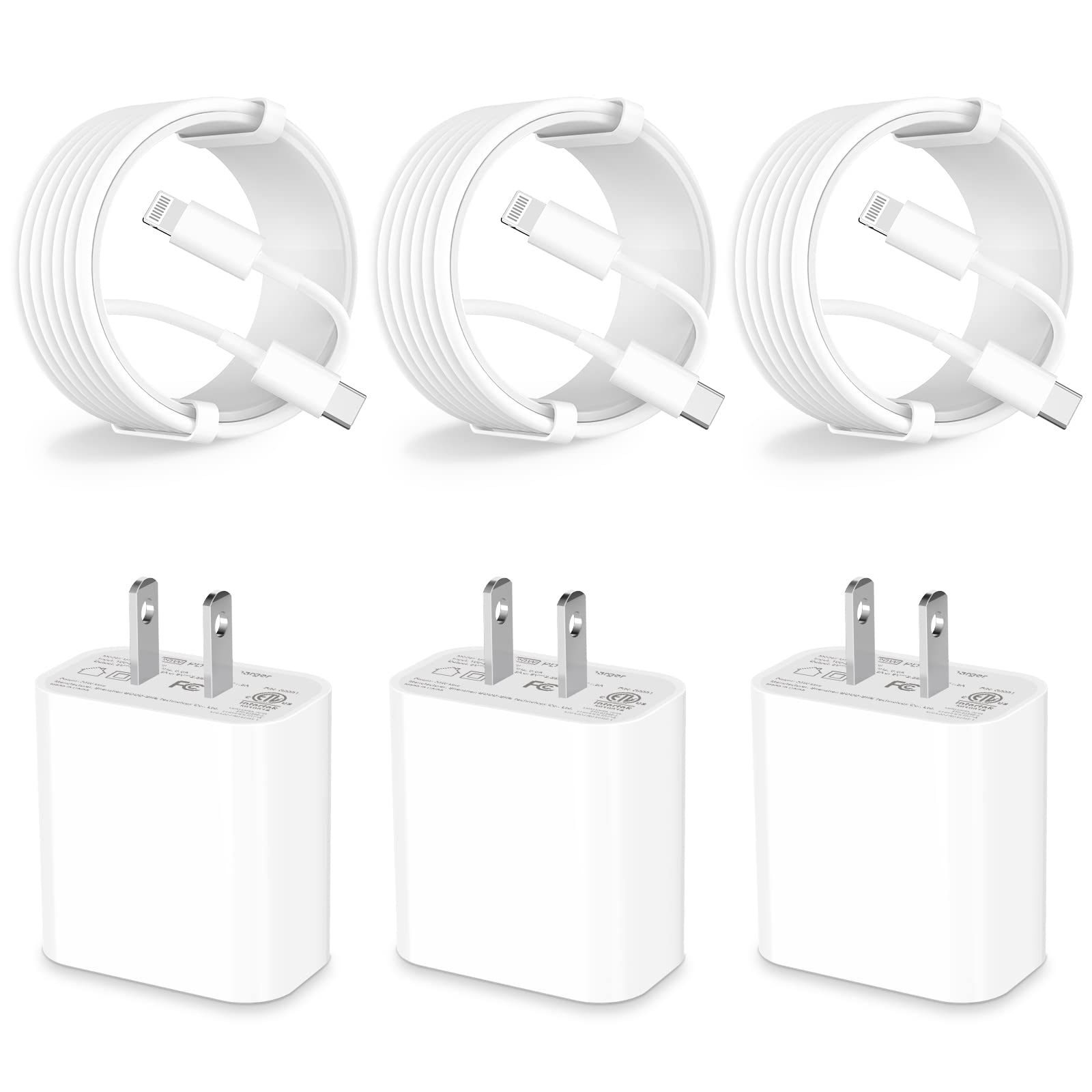 Apple MFi Certified 20W Fast Charger 3-Pack with 6FT USB-C to Lightning Cable - Compatible with iPhone 14/13/12/11 Pro/XS/XR/SE/X/8, iPad & AirPods - Quick Charging for Home, Office & Travel