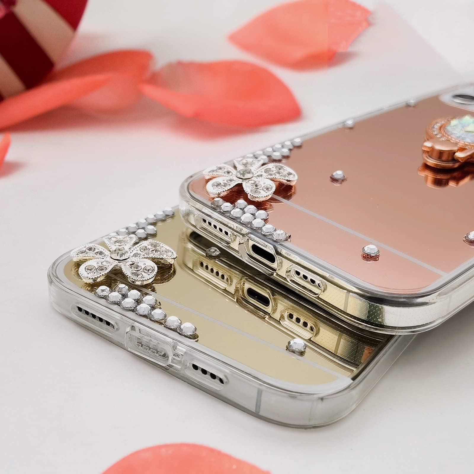 Omorro iPhone 13 Case with Makeup Mirror - Luxury Bling Glitter Rhinestone Cover with Shiny Crystal Diamond Ring Stand & Finger Grip - Cute Girly Phone Case for Women & Girls (Gold) - Perfect for Selfies, Makeup Touch-ups & Daily Use