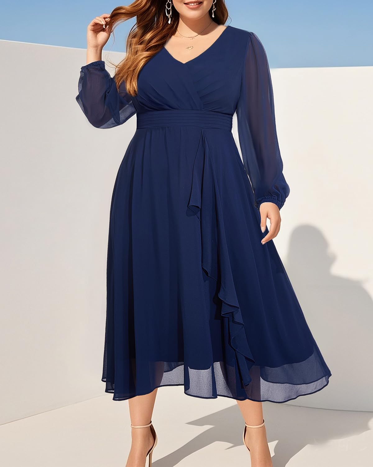 2025 Plus Size Formal Wedding Guest Dresses - Elegant Long Sleeve Chiffon Midi Dress for Fall | Perfect for Bridal Showers, Cocktail Parties & Special Occasions