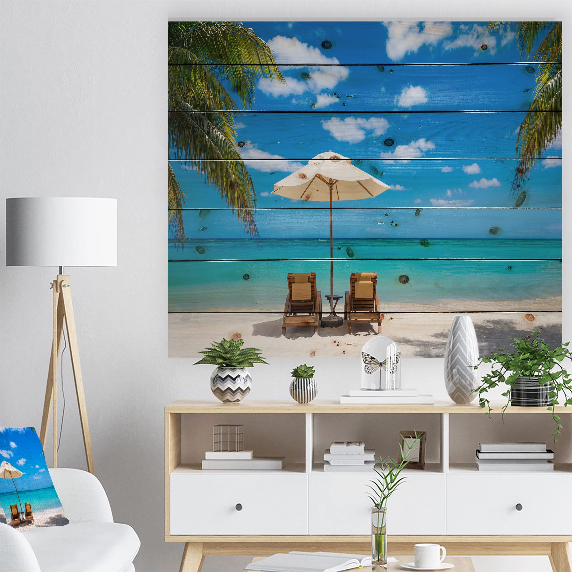 Turquoise Beach Wood Wall Art with Chairs - Coastal Nautical Decor, Large Blue Pine Wood Wall Panels for Living Room, Bedroom & Beach House Decor
