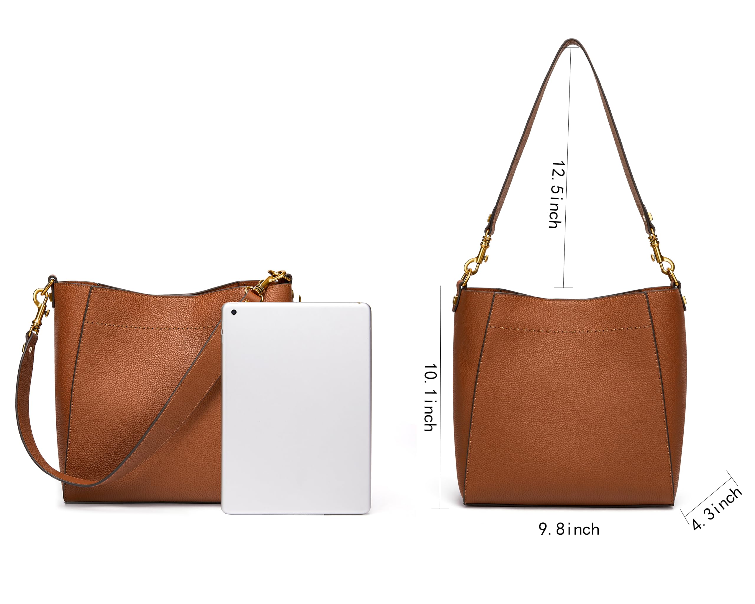 DORIS&JACKY Genuine Leather Bucket Tote Bag for Women - Stylish Designer Shoulder Hobo Purse with Detachable Wide Strap - Perfect for Work, Travel & Everyday Use