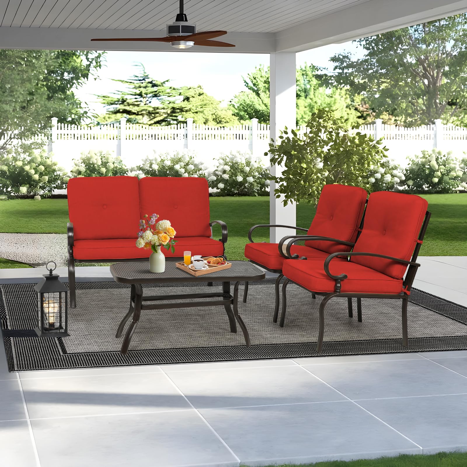 4-Piece Outdoor Metal Patio Furniture Set - Wrought Iron Loveseat, 2 Chairs & Coffee Table with Cushions - Red Conversation Set for Garden, Lawn, Front Porch - Perfect for Relaxing & Entertaining Outdoors
