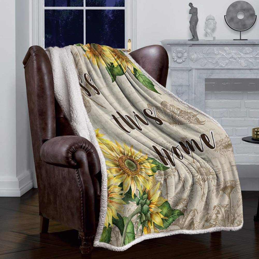 Sherpa Fleece Throw Blanket - Ultra Soft Cozy Plush Microfiber Blanket for Couch & Bed (59x79 inch) | Warm Winter Blanket for Home, Office, Travel - Bless This Home Sunflower Butterfly Design
