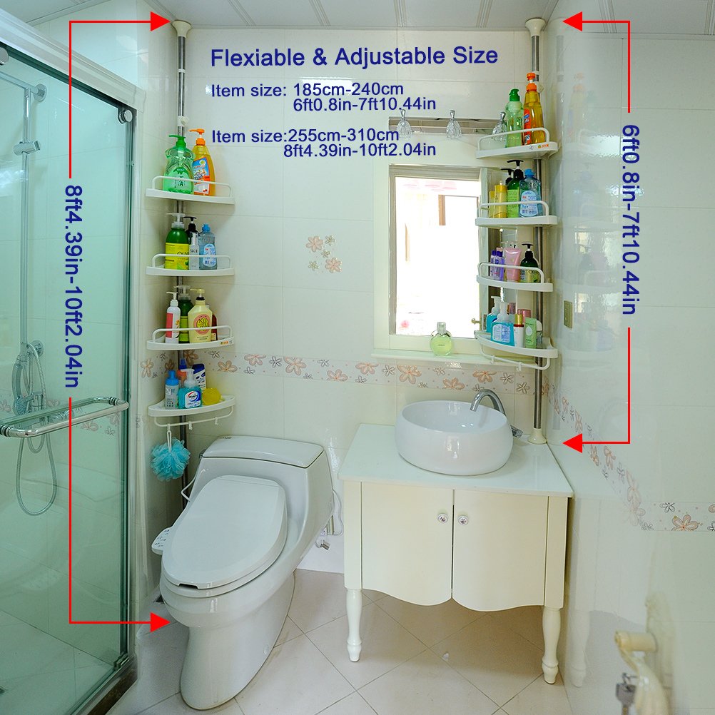 BAOYOUNI 4-Tier Adjustable Shower Caddy Tension Pole - Extendable Floor to Ceiling Bathroom Organizer with Corner Storage Shelf for Bathtub, Space Saving Ivory Stand | Perfect for Small Bathrooms, Apartment Showers & Spa-Like Organization