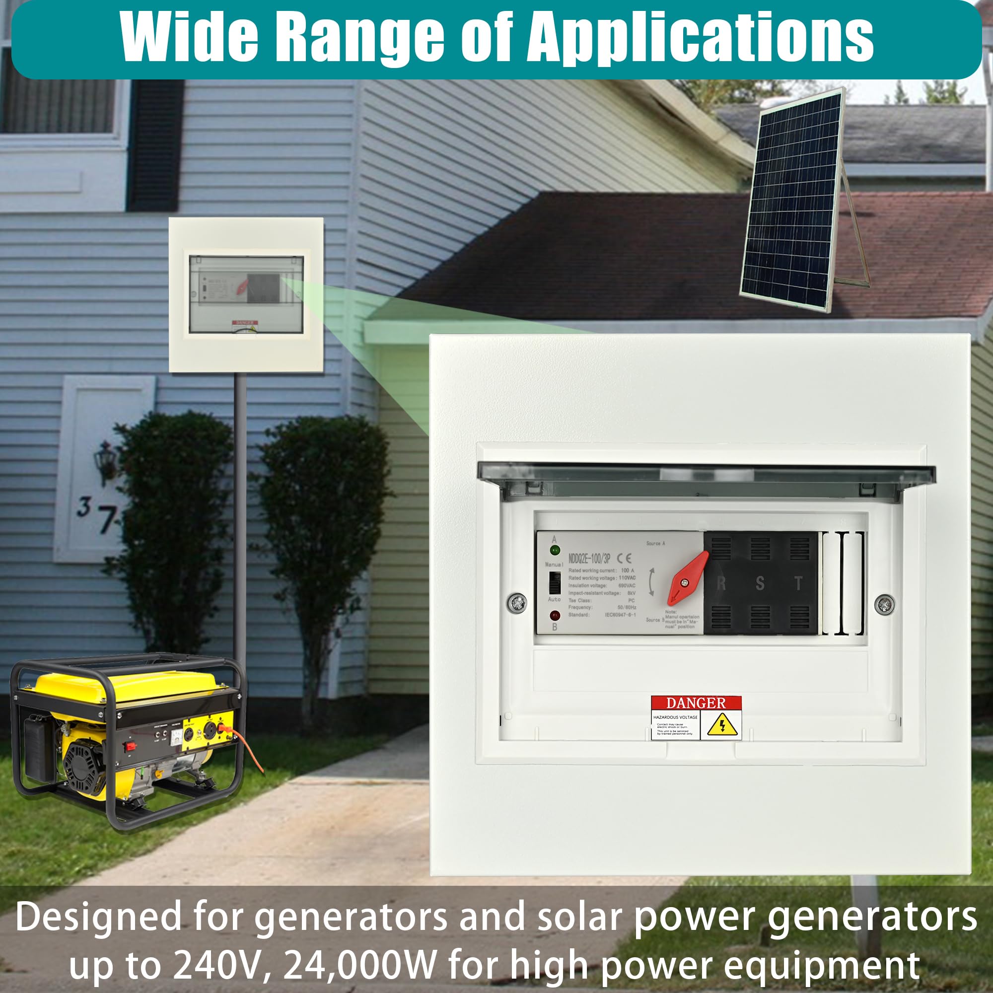 100 Amp Automatic Transfer Switch for Generator, 120/240V 3P 4W 24,000W ATS - Reliable Power Transfer with Enhanced Safety - Perfect for Home Backup, RV Power & Emergency Power Systems