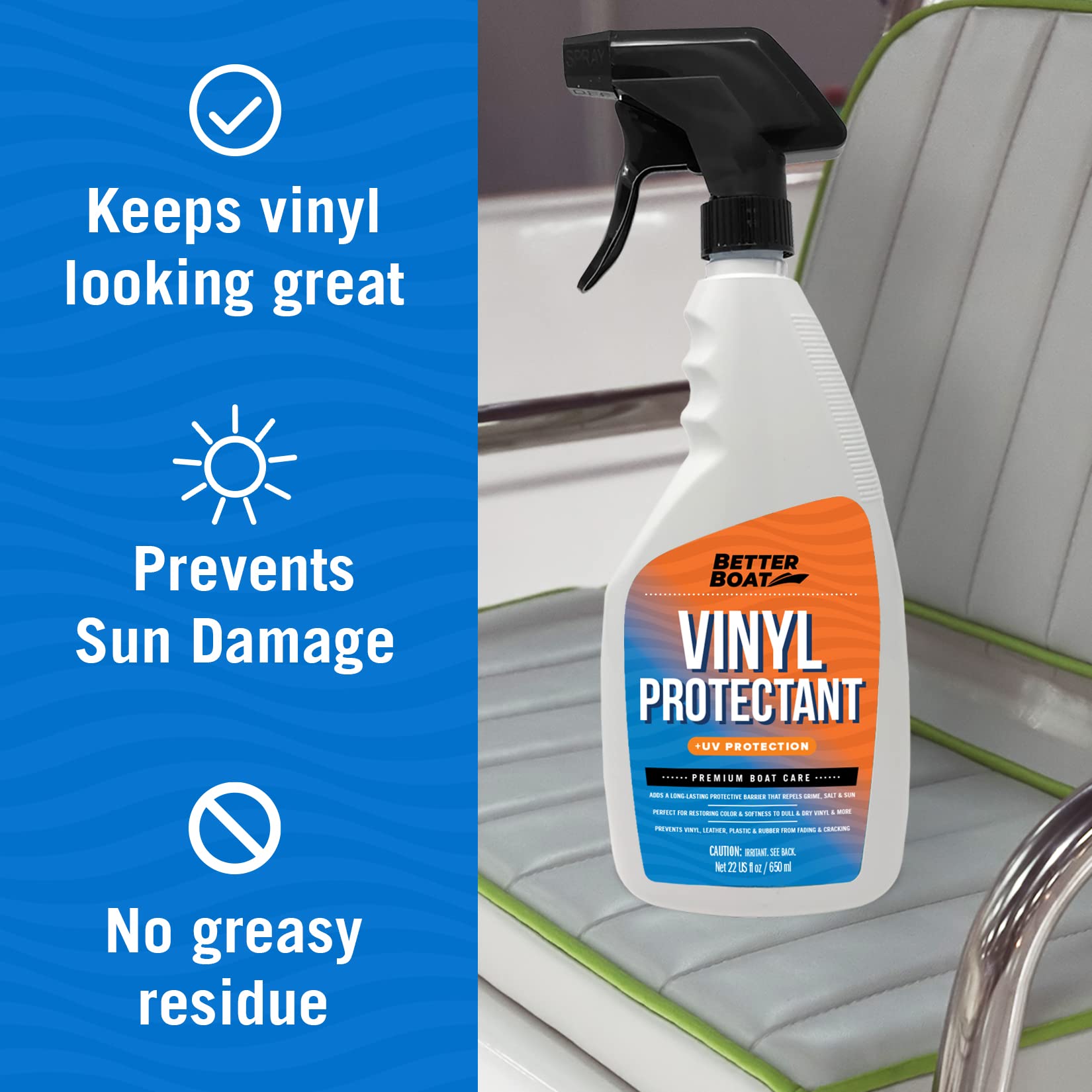 Premium Marine Vinyl Cleaner & Protectant - Boat Upholstery, Seat & Pontoon Interior Cleaner - Effective Boat Cleaning Supplies & Conditioner for Long-Lasting Shine - Ideal for Boats, Yachts & Marine Windows