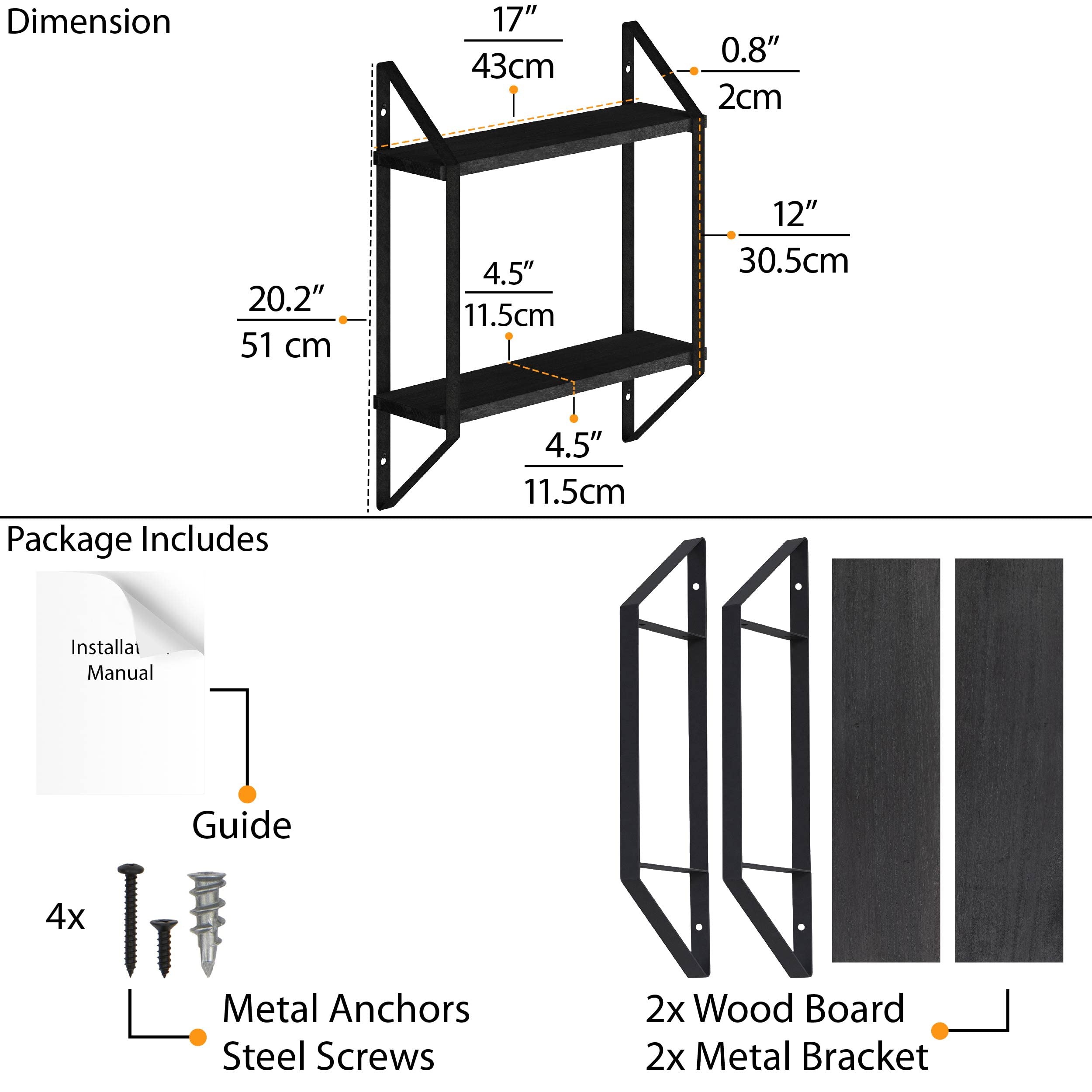 **Ponza Floating Wall Shelves - 2 Tier Black Wall Mounted Shelves for Bathroom, Living Room & Office Organization | Space-Saving Storage for Books, Decor & Kitchen Essentials**