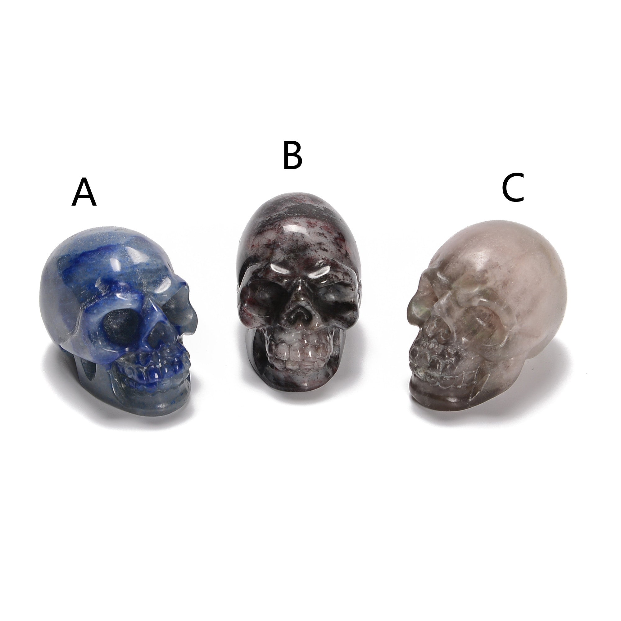 Blue Aventurine Blood Stone Fluorite Carved Halloween Skulls - 2 Inch Gemstone Crystal Decor for Home, Office & Halloween Party Decorations