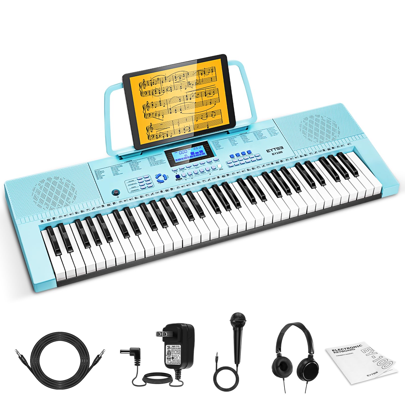 61-Key Electric Piano Keyboard for Beginners - 350 Tones, 350 Rhythms, 30 Demo Songs with LCD Display & Teaching Modes | Includes Headphones, Music Stand & Microphone | Perfect for Kids Learning Piano at Home (Blue)