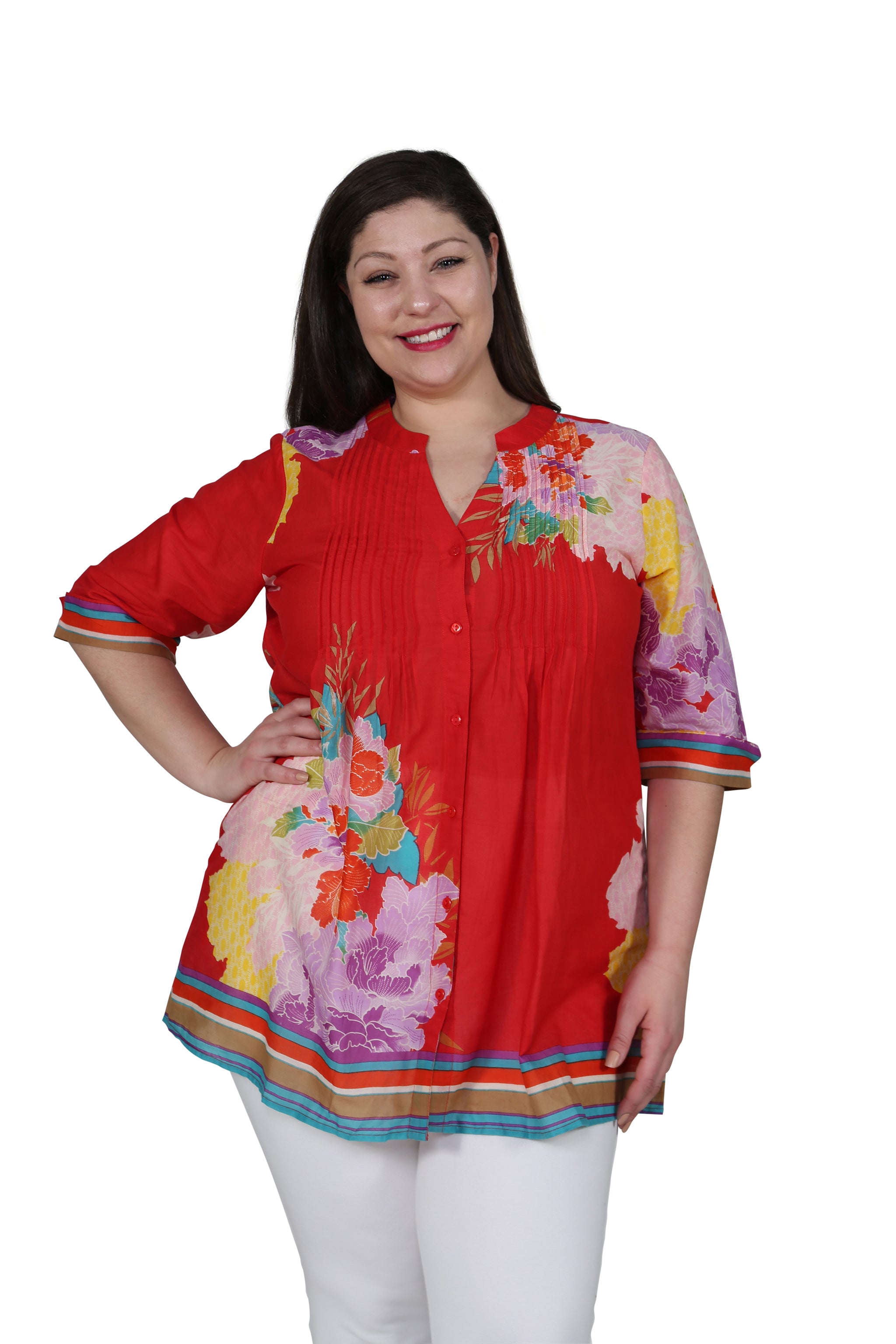 Plus Size Floral Print Tunic Top with Pleated Hem - Flowy Women's Blouse for Casual Wear, Office & Special Occasions
