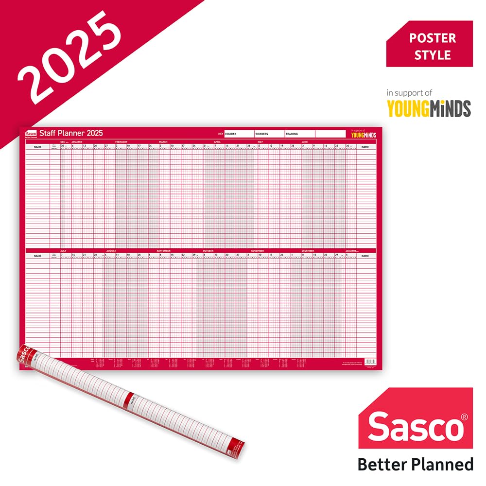 Sasco 2025 Unmounted Staff Year Wall Planner - Large 36 x 24 Inch (915 x 610mm) Poster - Perfect for Office, Classroom & Home Organization