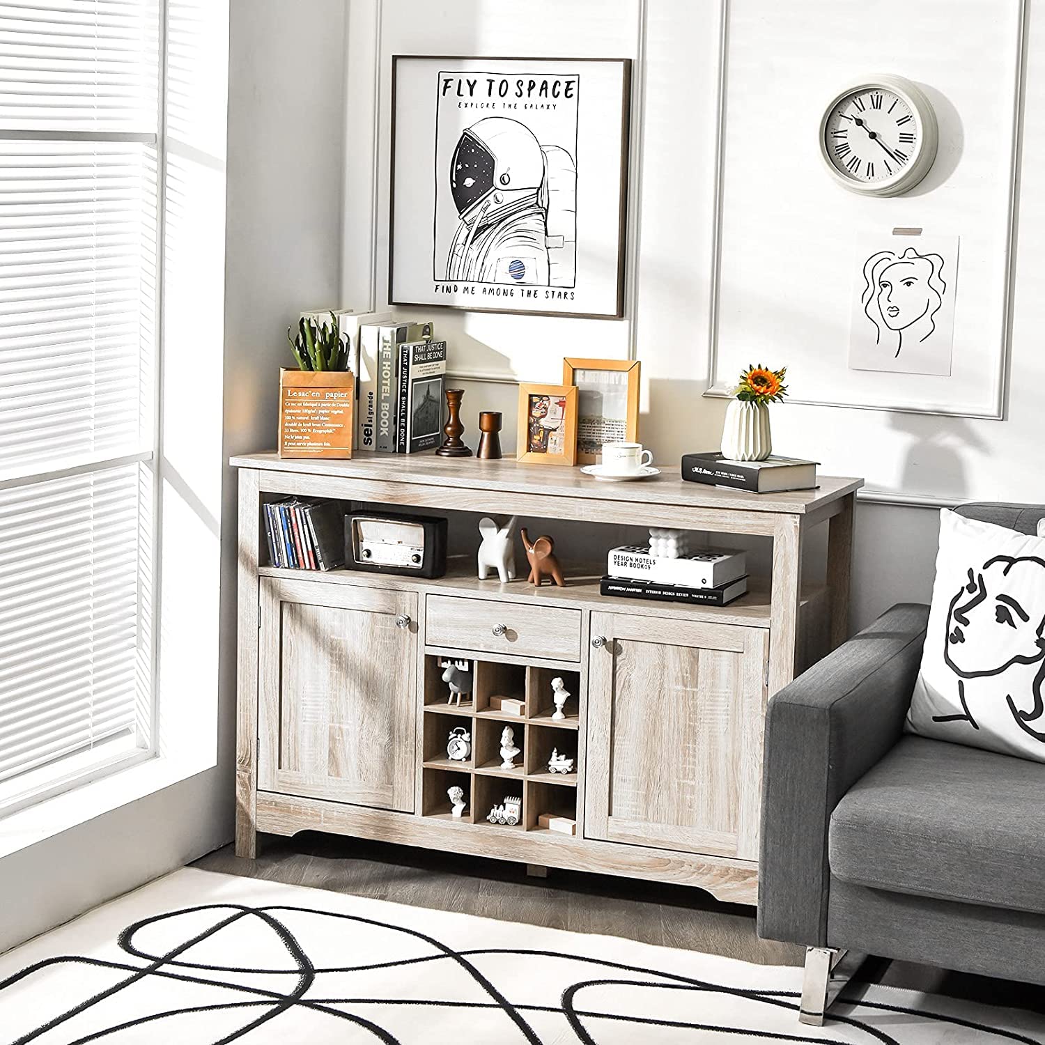 BANGTANE Buffet Kitchen Sideboard - Wooden Console Table with 2 Cabinets, Drawer, Wine Rack & Open Shelf | Storage Organizer for Living Room & Dining Room | Perfect for Home Decor & Entertaining Guests (Grey)