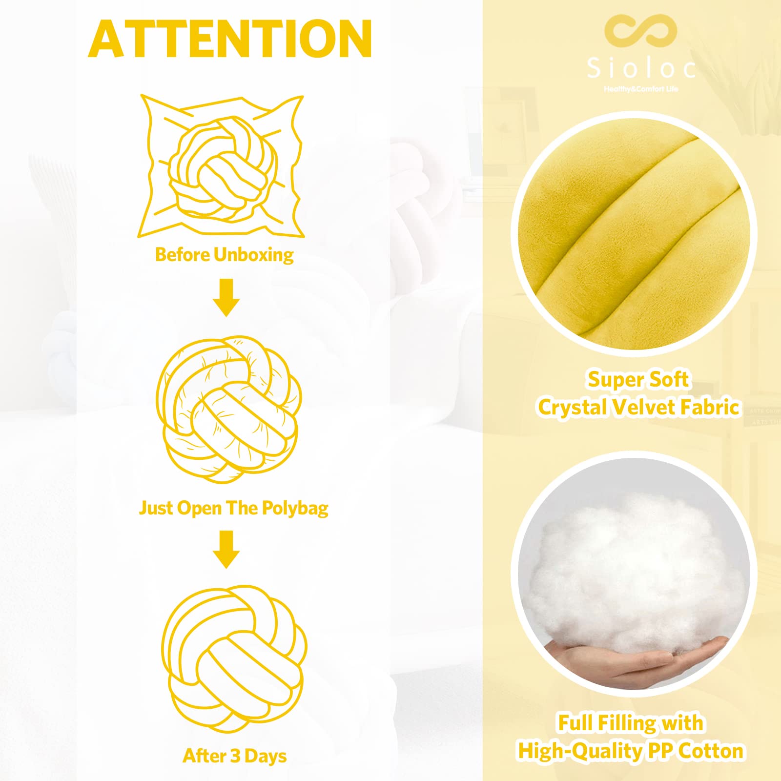 Sioloc Soft Knot Ball Pillows - Round Throw Pillow Cushion for Home Decor, Plush Knotted Handmade Pillow (7.8 Inches, Yellow) - Perfect for Sofa, Bed, Nursery & Cozy Living Room Accent