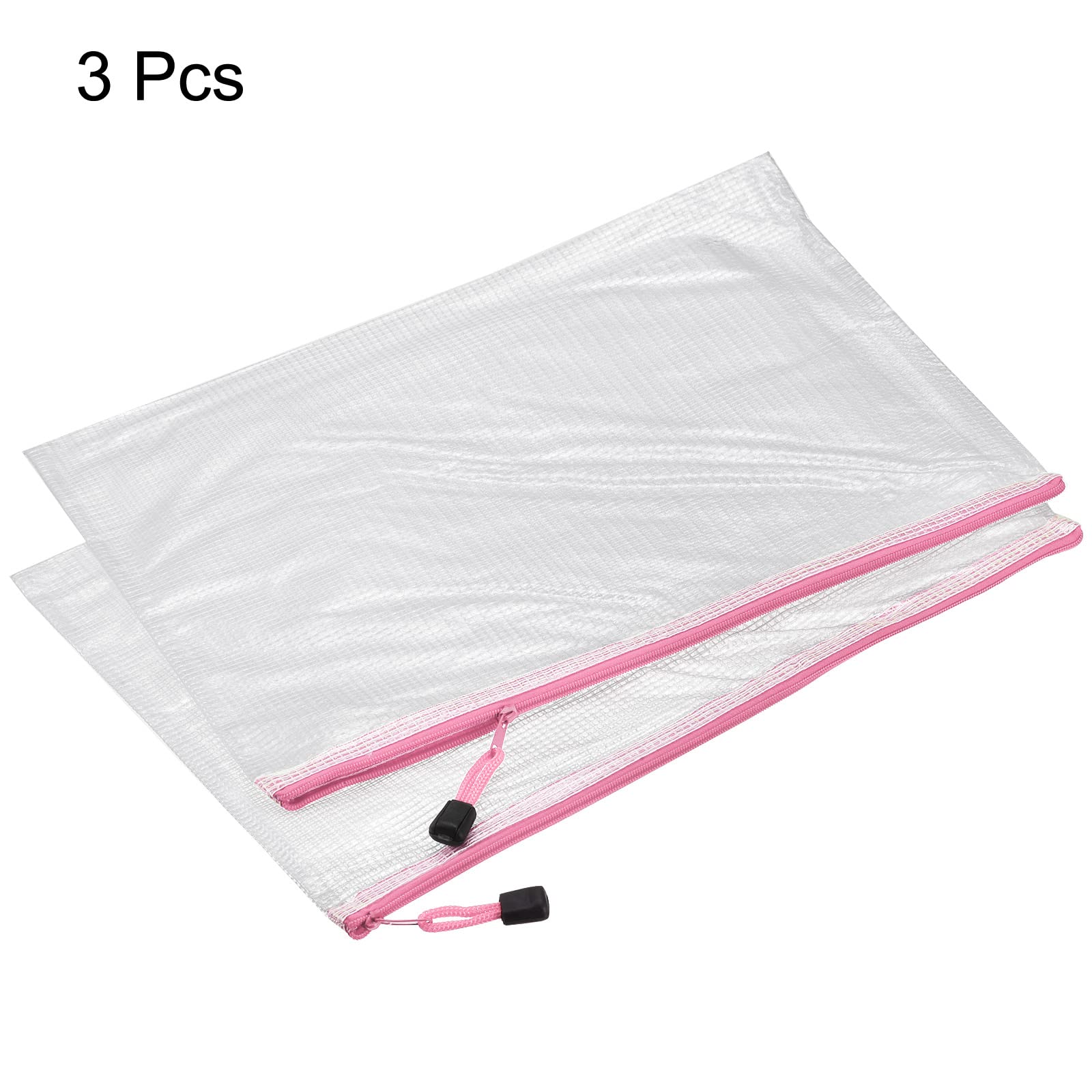 MECCANIXITY A3 Size Mesh Zipper Bags - 3 Pack Plastic Document Folders with Zipper Closure for Office, School, Travel Organizer (Pink) | Perfect for Storing Files, Artwork, and Important Papers at Home or On The Go