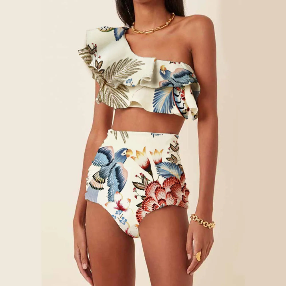 Stylish One Shoulder Ruffle Swimsuit - Colorful Parrot Print Bikini Set with High Waist & Backless Design | Sexy Beachwear for Women | Perfect for Pool Parties, Summer Vacations & Tropical Getaways