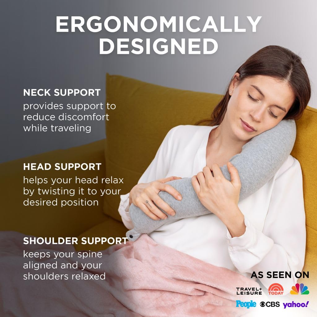 Dot&Dot Twist Memory Foam Travel Pillow for Airplanes - Adjustable Neck Support Pillow for Sleeping on Flights, Car Rides & Office Naps - Ergonomic Chin, Lumbar and Leg Support - Bendable Travel Neck Roll Pillow for Air Travel, Road Trips & Home Use