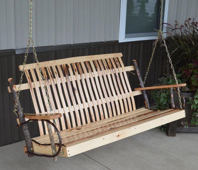 A & L Furniture Hickory Porch Swing with Chains - Outdoor Wooden Swing for Garden, Patio, Backyard Relaxation