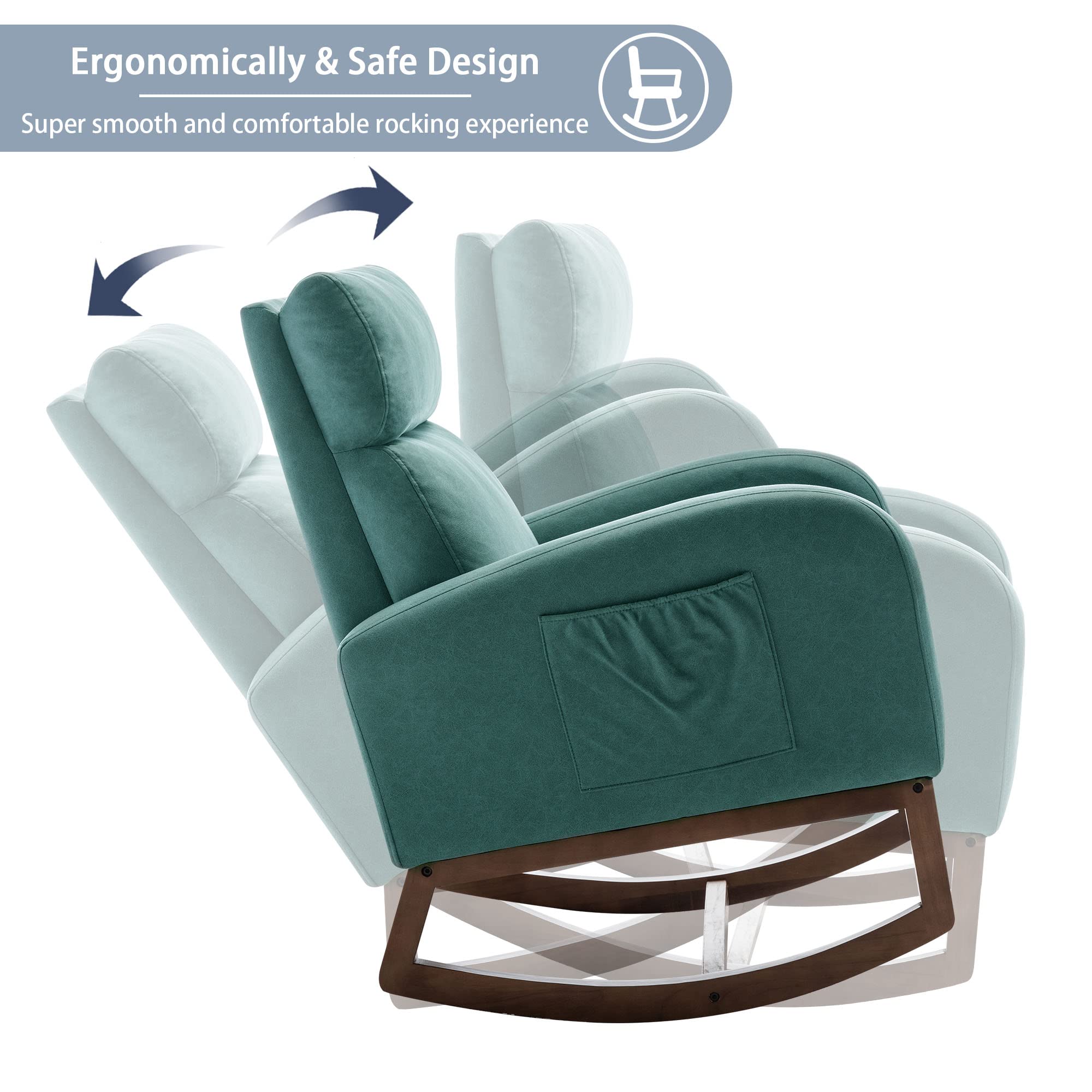 Andeworld Rocking Chair - Upholstered High-Back Glider Armchair with Faux Suede Fabric, Comfortable Accent Chair for Living Room, Bedroom, Nursery (Teal) | Perfect for Relaxing, Reading & Nursing
