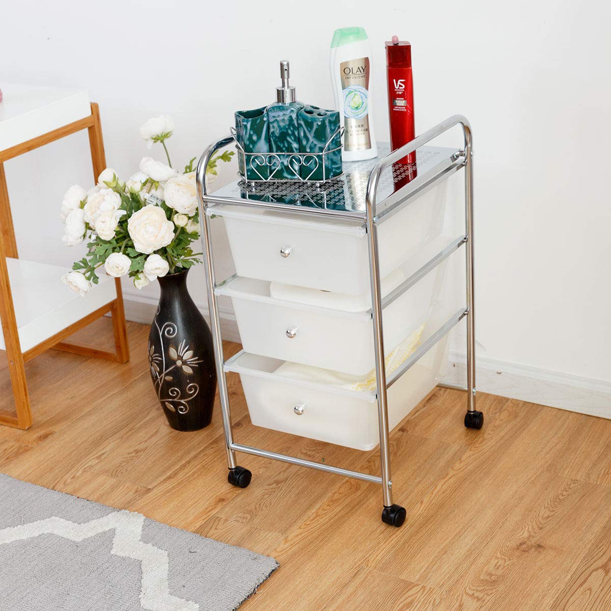 Giantex 3-Drawer Rolling Storage Cart with Metal Frame & Plastic Drawers - Mobile Organizer for Home Office, Craft Supplies, Scrapbook Paper - White (Perfect for Office, Classroom & Craft Room Organization)