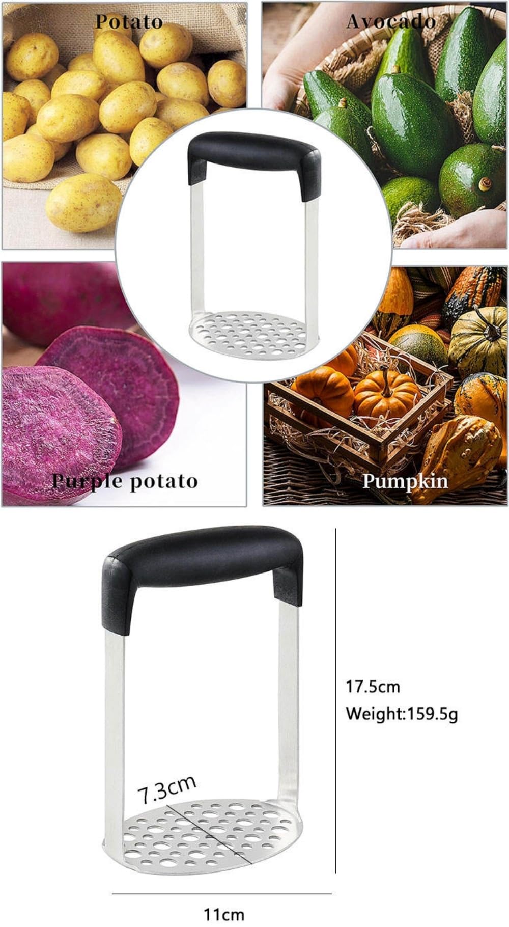 Premium Stainless Steel Potato Masher - Heavy Duty Kitchen Tool for Smooth Mashed Potatoes, Beans, Avocados & Meat | Ergonomic Non-Slip Handle | Perfect for Thanksgiving, Baby Food Prep & Home Cooking | Silver