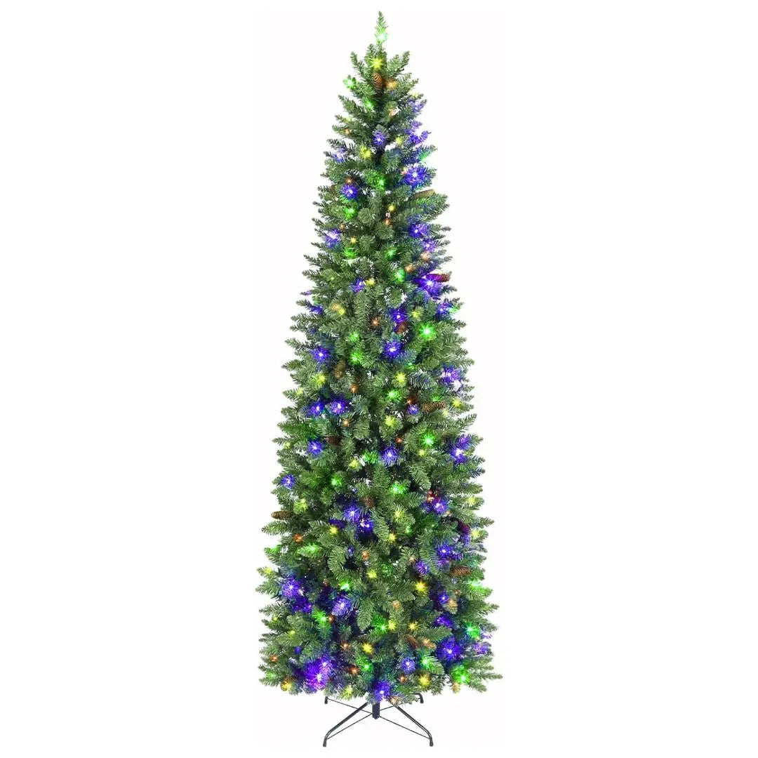 6.5'/7.5'/9' Pre-Lit Pencil Slim Artificial Christmas Tree with Color Changing LED Lights - 10 Lighting Modes, Hinged Branches & Metal Stand for Holiday Home Decor | Perfect for Living Room, Office & Christmas Party Decoration