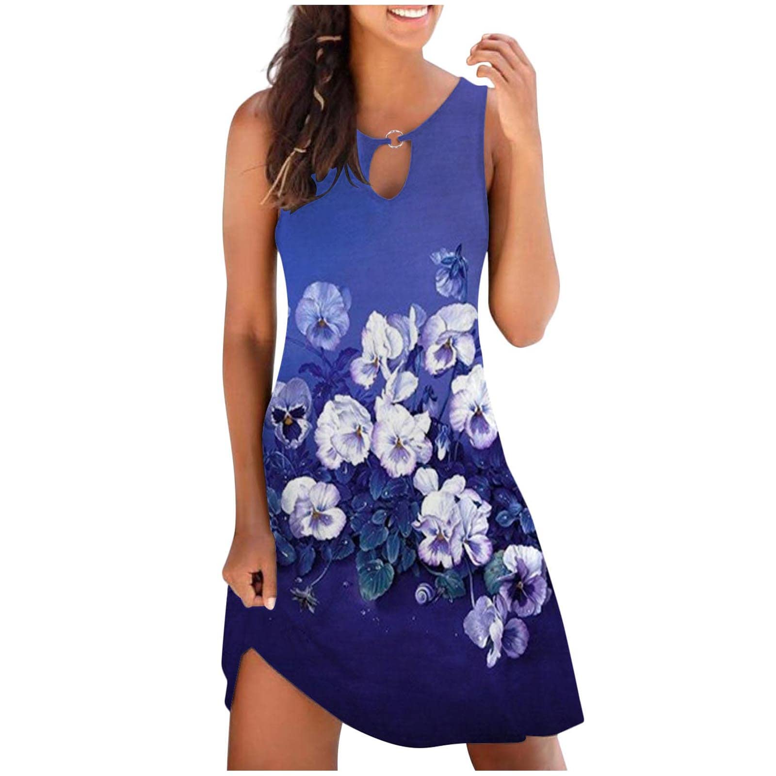 2024 Women's Floral Printed Sleeveless Mini Dress - Summer Keyhole Tank Sundress for Beach, Vacation & Casual Outings