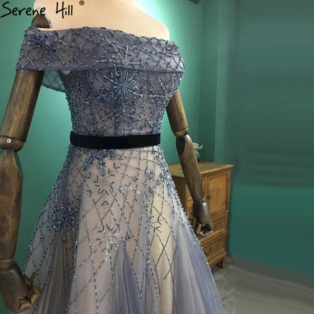 Serene Hill Luxury Blue A-Line Evening Dress with Beaded Bling Off-Shoulder Design for Women - Perfect for Prom, Gala & Formal Parties (LA71192)