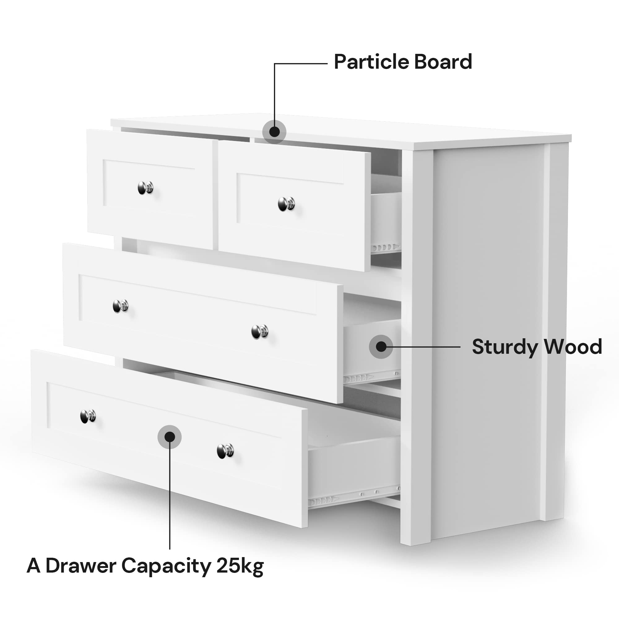 Modern White Dresser with 4 Wide Drawers - Wooden Chest of Drawers for Bedroom, Hallway, Living Room & Closet Organization | Perfect for Home Storage & Bedroom Decor
