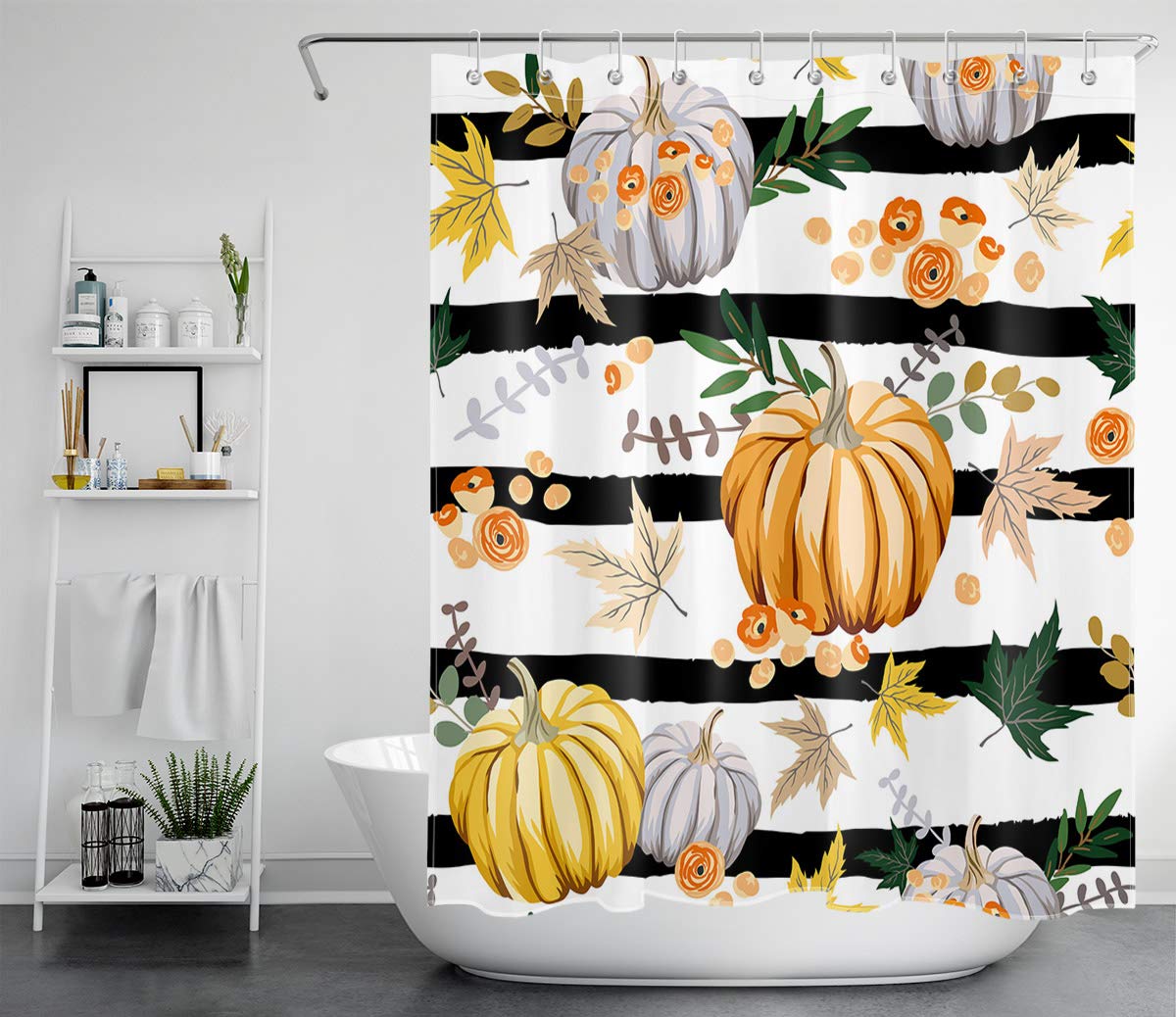 LB Fall Pumpkin Shower Curtain - Black & White Stripe with Maple Leaves Design, Farmhouse Autumn Bathroom Decor, Waterproof Polyester Fabric (60x72 inches) - Perfect for Seasonal Home Decor and Cozy Autumn Bathroom Styling