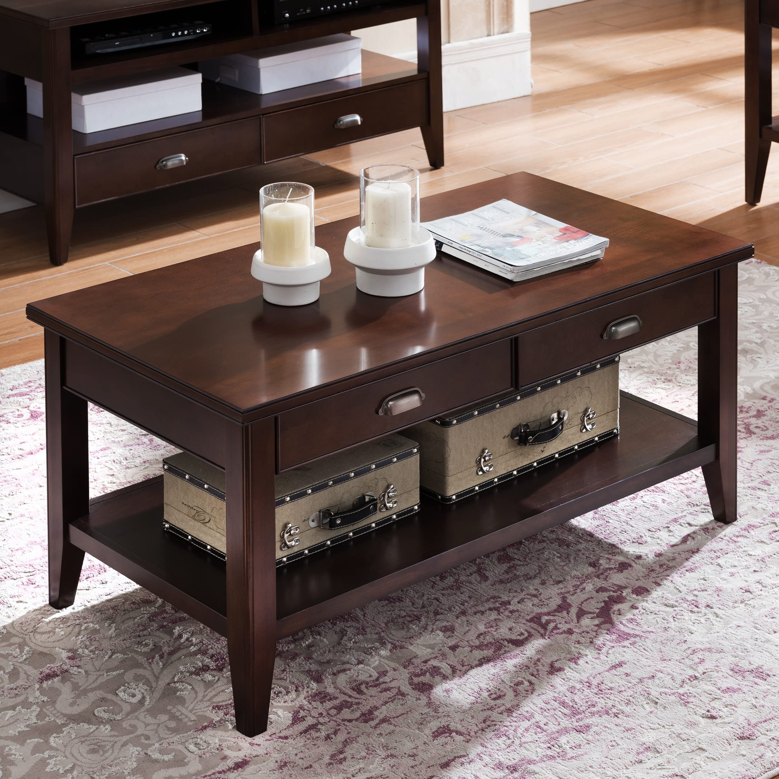 Leick Home 10504 Laurent 2-Drawer Coffee Table with Shelf in Chocolate Cherry Finish - Modern Living Room Furniture for Small Spaces & Home Decor