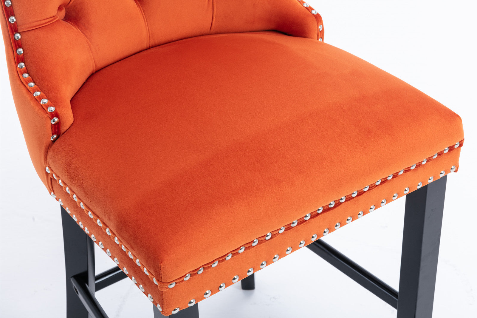 Luxury Velvet Bar Stools Set of 2 - Modern Button Tufted Bar Chairs with Wooden Legs & Chrome Nailhead Trim - Orange Upholstered Counter Stools for Kitchen Island, Home Bar & Dining Room Decor