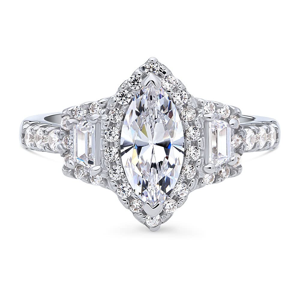 BERRICLE Sterling Silver 3-Stone Wedding Engagement Ring - 1 Carat Marquise Cut Cubic Zirconia CZ Halo Ring for Women - Rhodium Plated Size 4-10 - Perfect for Proposals, Anniversaries & Special Occasions