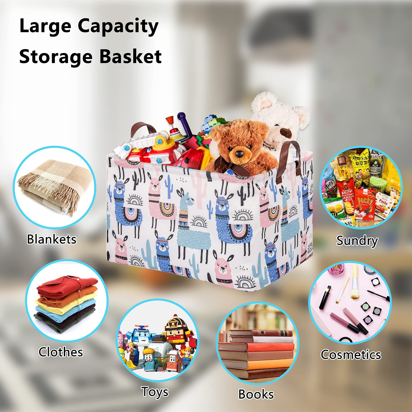 Collapsible Llama Storage Bin Basket with Leather Handles - Waterproof Canvas Storage Cube Box for Closet, Toys, Clothes & Nursery Organization - Perfect Gift Basket for Home, Office & Dorm Room Storage Solutions