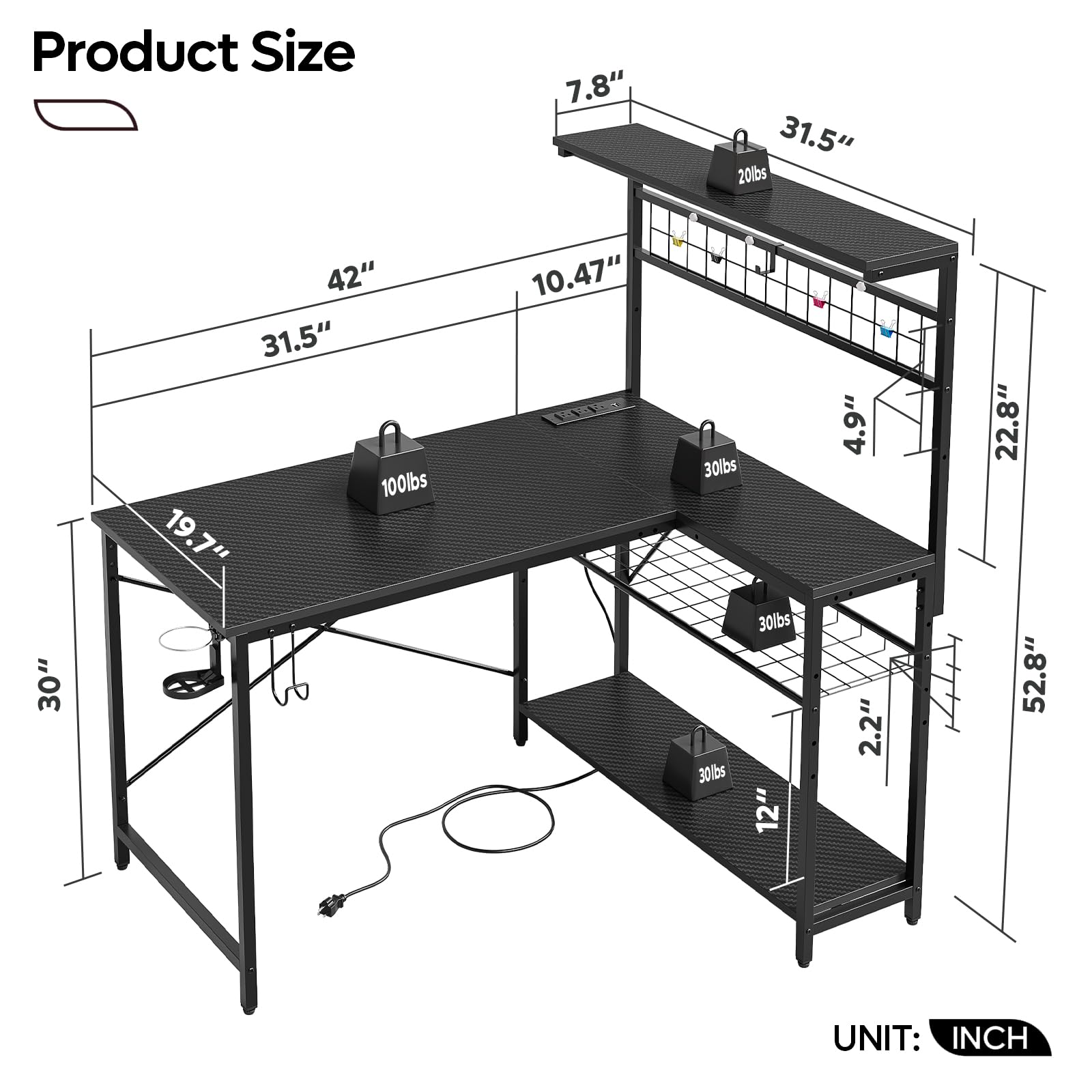 Bestier 42 Inch L-Shaped Gaming Desk with Power Outlets & LED Lights - Reversible Corner Computer Desk with 4-Tier Shelves, Cup Holder & Hook - Carbon Fiber Black for Home Office & Gaming Setup