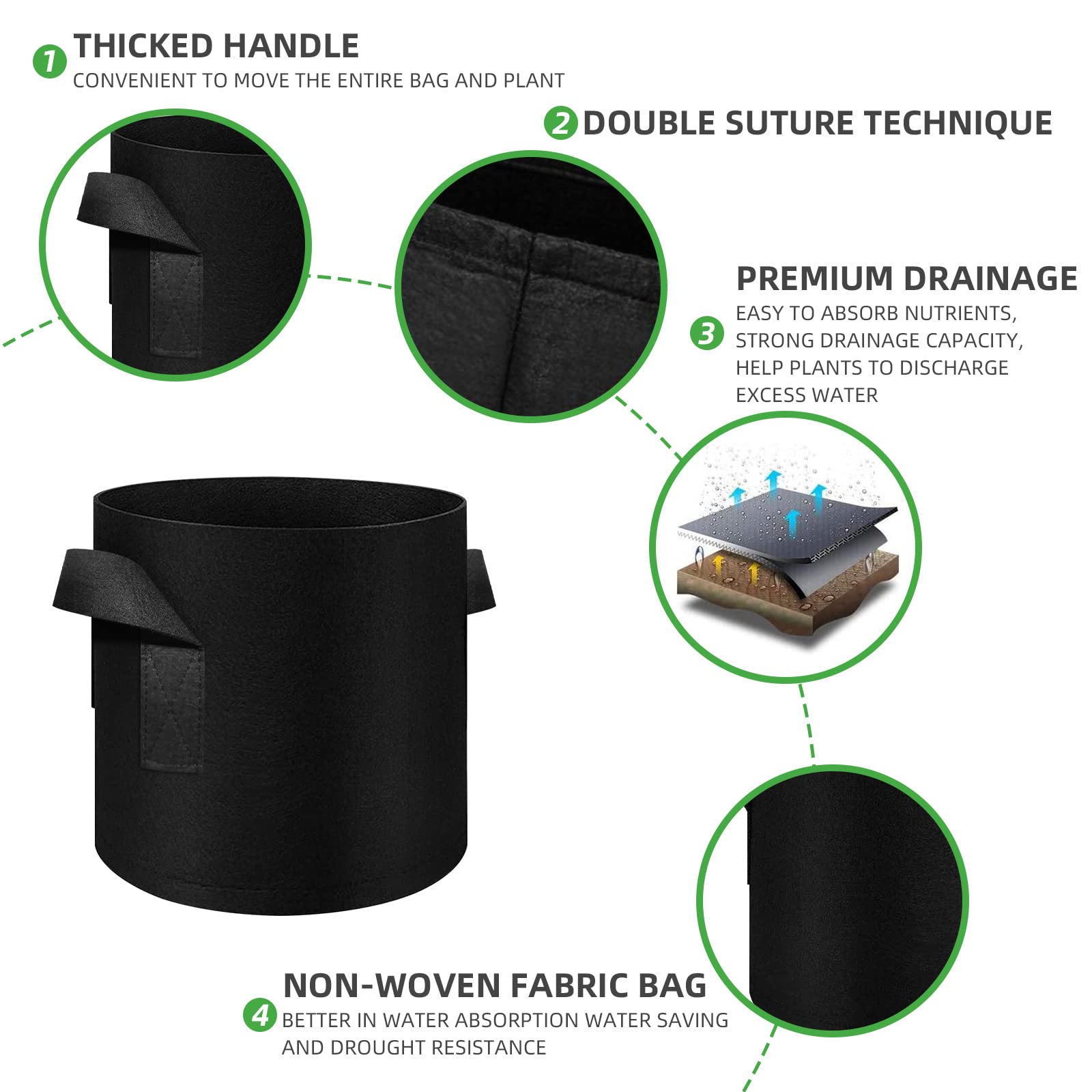 5 Pack 15 Gallon Heavy Duty Grow Bags - Thickened Nonwoven Fabric Plant Pots with Handles for Vegetables, Flowers, Fruits & Plants (Black) - Ideal for Indoor/Outdoor Gardening, Urban Farming & Container Planting